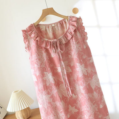 Pink Botanical Leaf Cotton Ruffle Nightgown - image 2