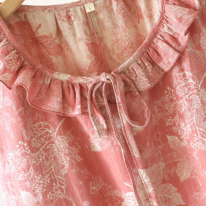 Pink Botanical Leaf Cotton Ruffle Nightgown - image 4