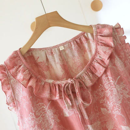 Pink Botanical Leaf Cotton Ruffle Nightgown - image 3