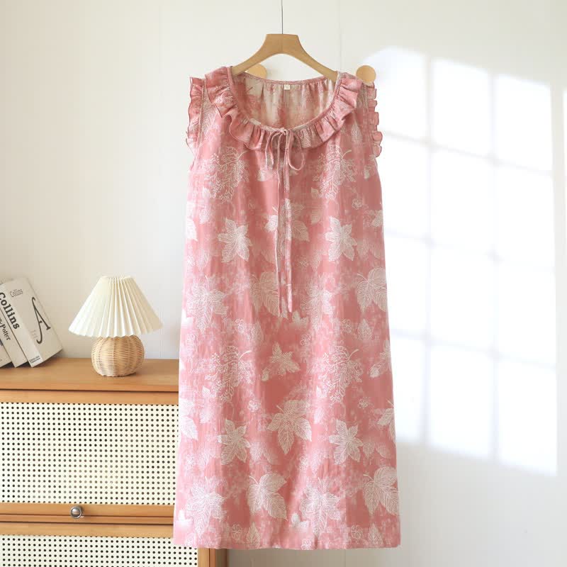 Pink Botanical Leaf Cotton Ruffle Nightgown - Pink - XL - image 0