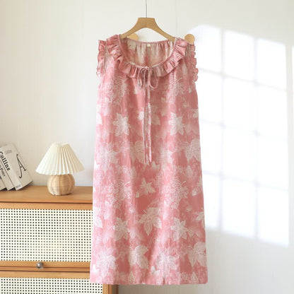 Pink Botanical Leaf Cotton Ruffle Nightgown - Pink - XL - image 0