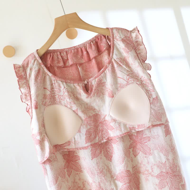 Pink Botanical Leaf Cotton Ruffle Nightgown - image 6