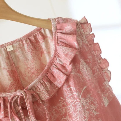 Pink Botanical Leaf Cotton Ruffle Nightgown - image 5