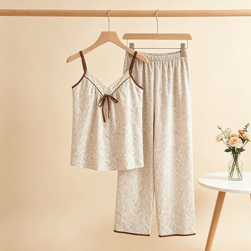 Beige Bow Detail Cami Lounge Set - image 1