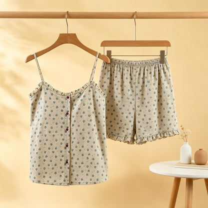Blue Floral Cotton Ruffle Women's Pajamas - Khaki - L - image 0