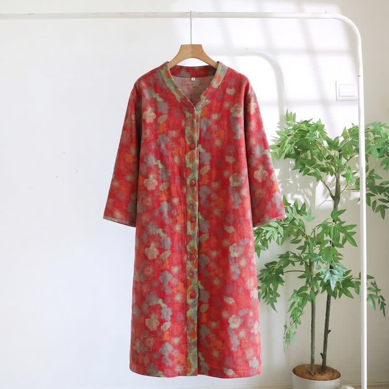 Vintage Floral Cotton Gauze Lounge Dress - Red - XL - image 5