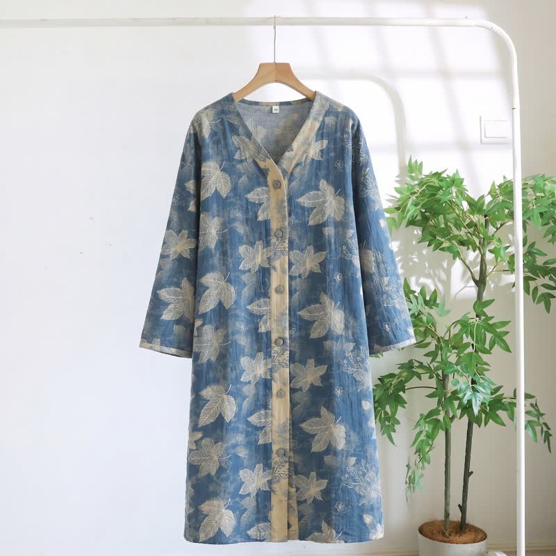 Blue Leaf Cotton Gauze Sleep Nightie - Blue - XL - image 0