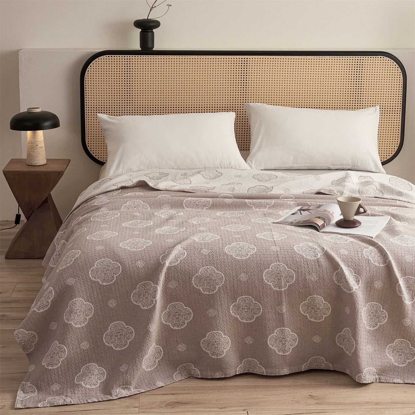 Oriental Ruyi Cloud Jacquard 3-Layer Gauze Quilt - Camel - Queen - image 0