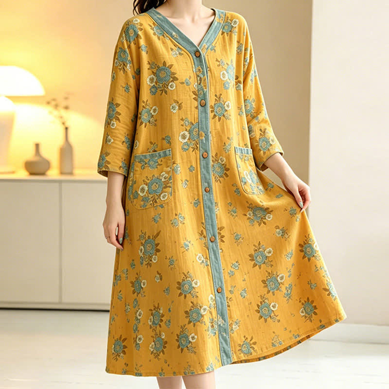 Yellow Floral Cotton Lounge Dress - image 2