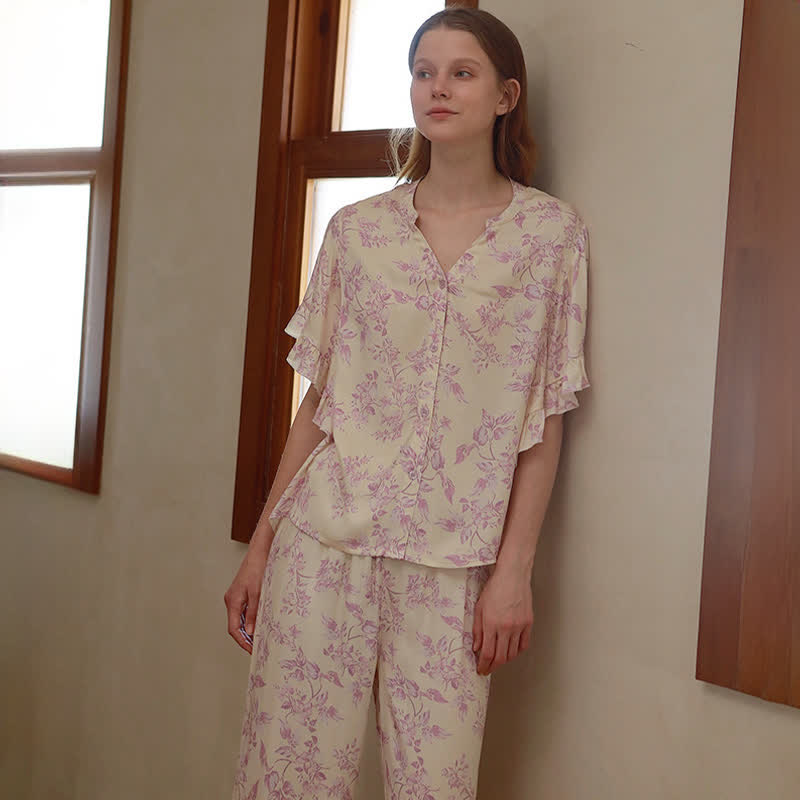 Lavender Floral Ruffle Sleeve Loungewear Set - image 3