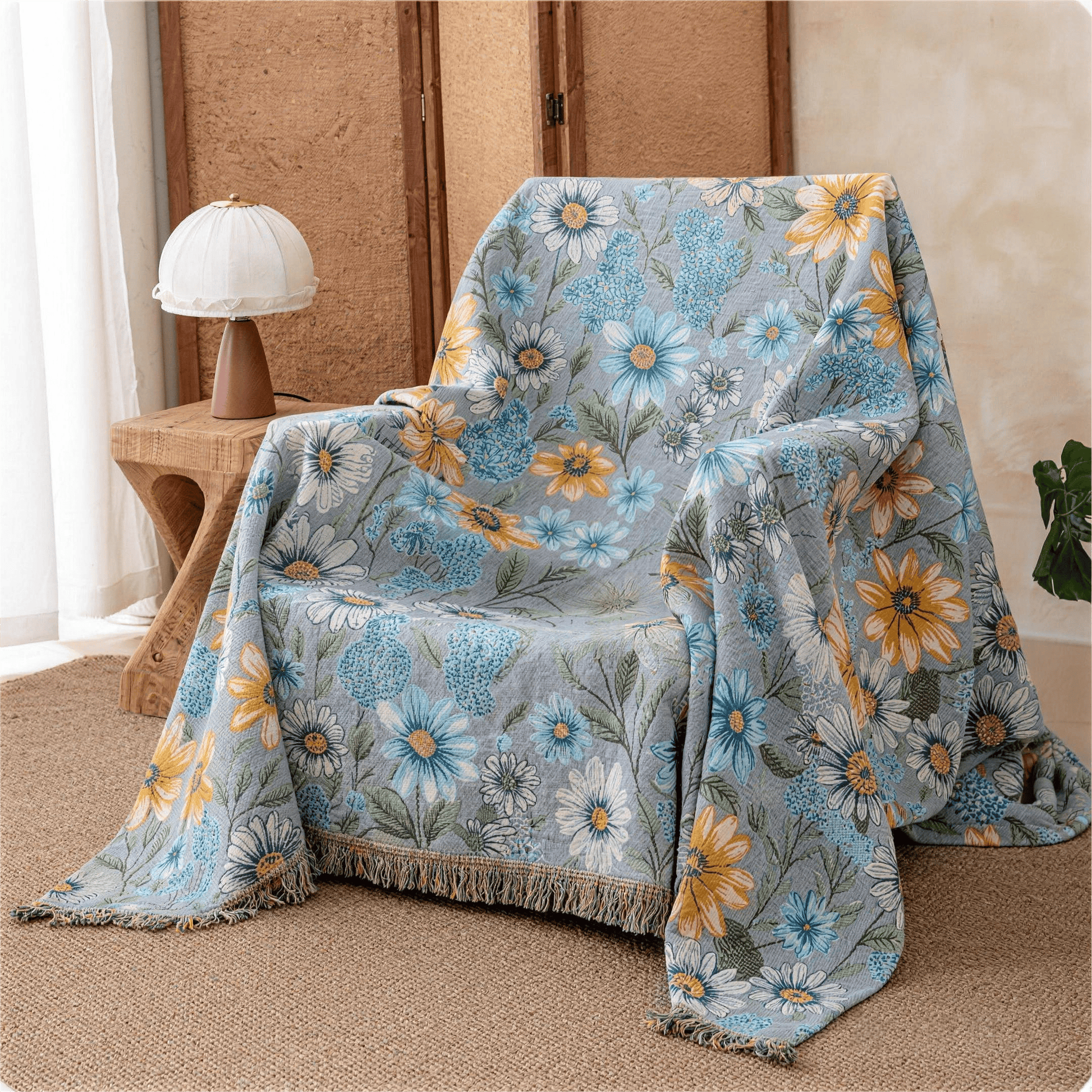 Vintage Floral Daisy Fringed Gauze Quilt - image 1