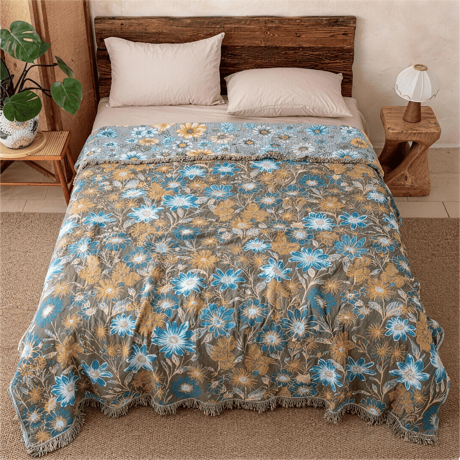 Vintage Floral Daisy Fringed Gauze Quilt - image 3