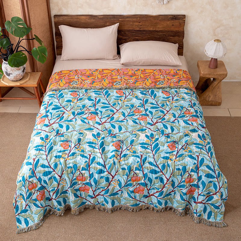 Vintage Botanical Fringed Reversible Gauze Quilt - Blue - Queen - image 4