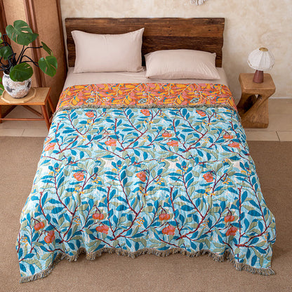 Vintage Botanical Fringed Reversible Gauze Quilt - Blue - Queen - image 4