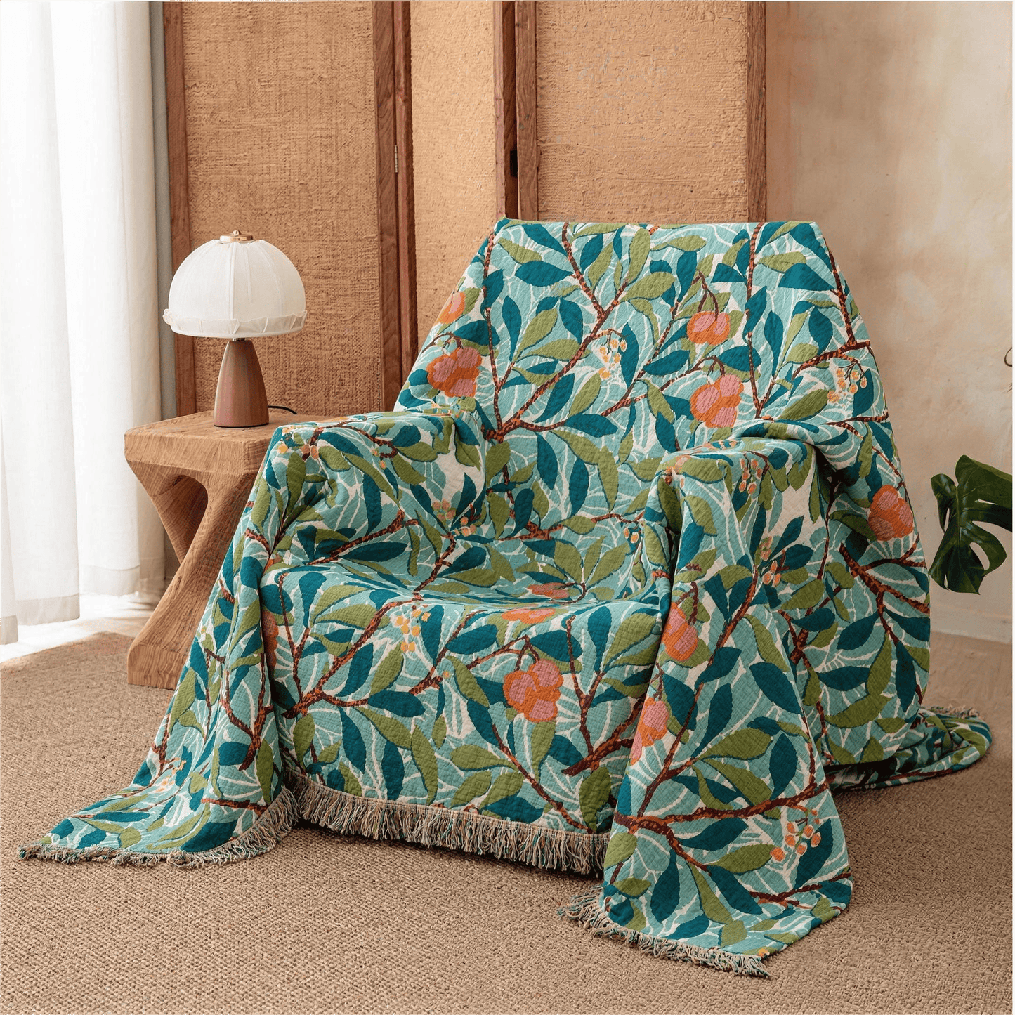Vintage Botanical Fringed Reversible Gauze Quilt - image 1