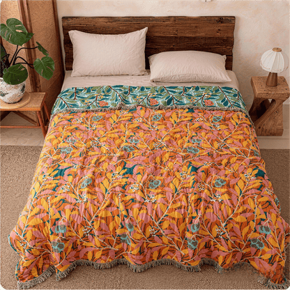 Vintage Botanical Fringed Reversible Gauze Quilt - image 3