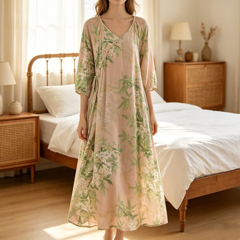 Oriental Floral Leaf Cotton Loungewear Dress - image 2