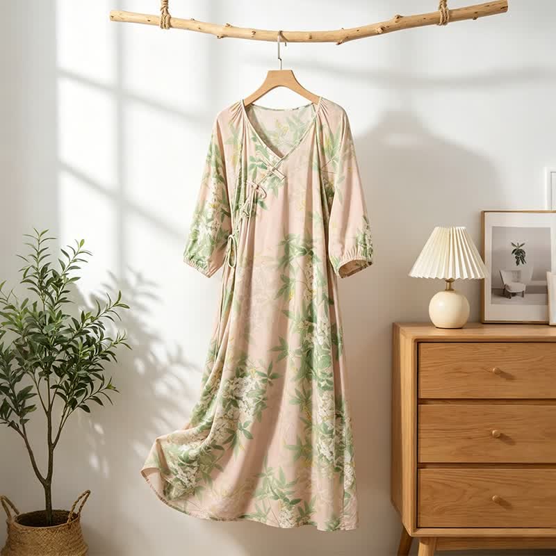 Oriental Floral Leaf Cotton Loungewear Dress - image 1