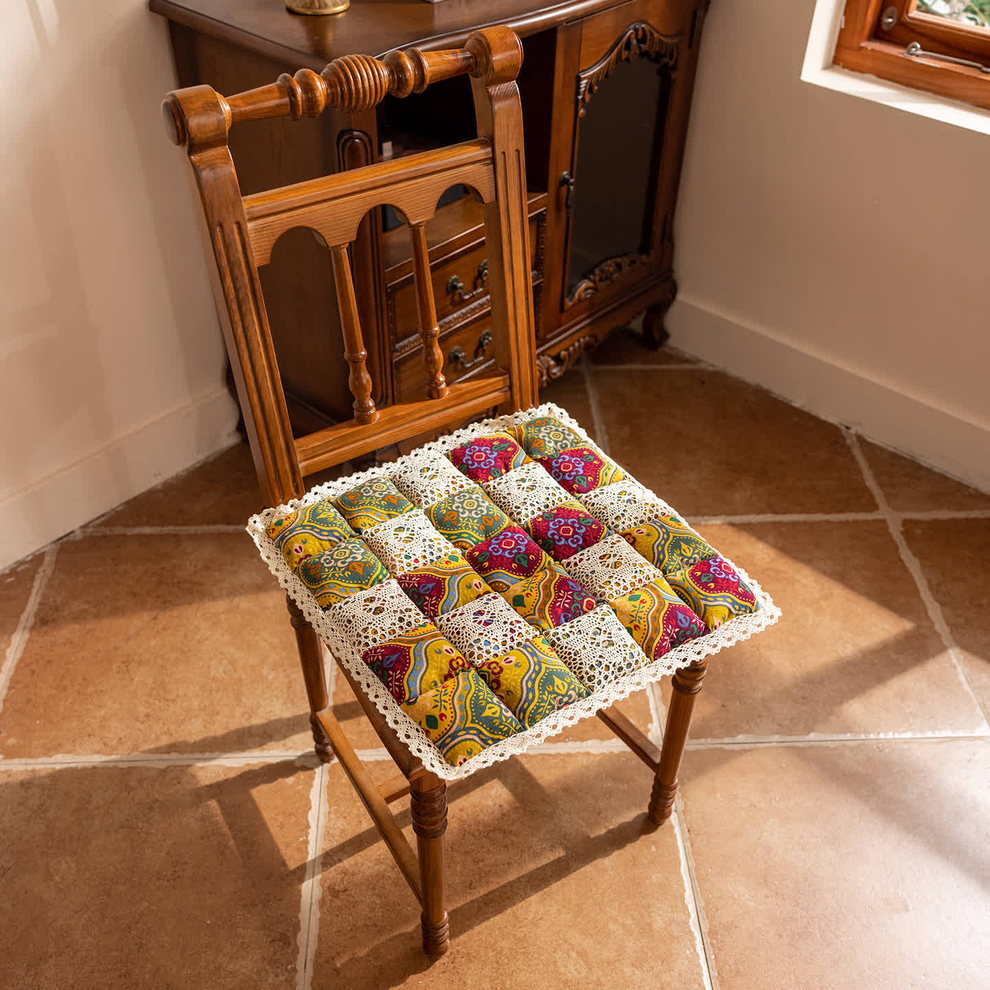 Vintage Ethnic Style Quilted Chair Cushion - Yellow - 16" x 16" - image 0