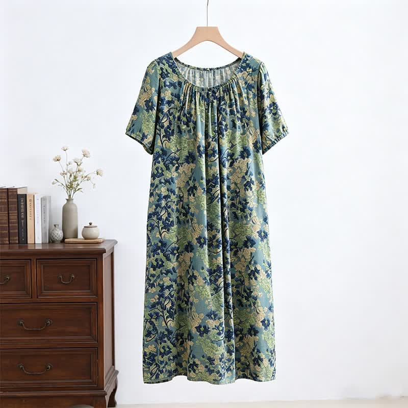 Green Floral Gathered Neck Lounge Dress - image 1