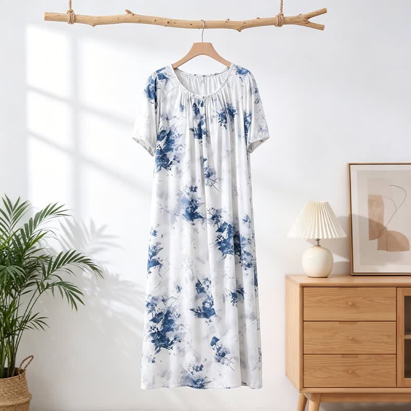Blue Ink Style Floral Lounge Dress - White - 4XL - image 0
