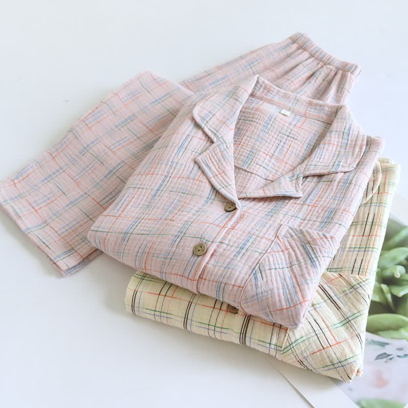 Colorful Stripe Check Cotton Matching Pajamas - image 6
