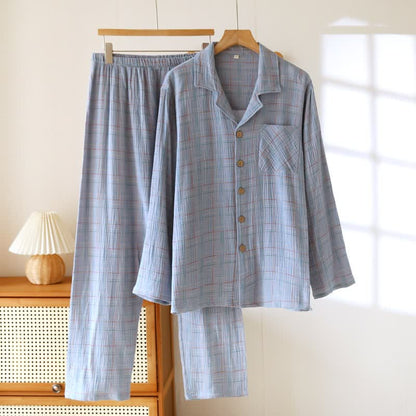 Colorful Stripe Check Cotton Matching Pajamas - Men: Blue - 2XL - image 25