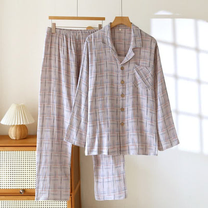 Colorful Stripe Check Cotton Matching Pajamas - Men: Gray - 2XL - image 17