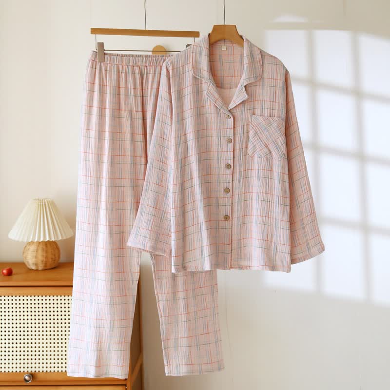 Colorful Stripe Check Cotton Matching Pajamas - Women: Light Pink - 2XL - image 16