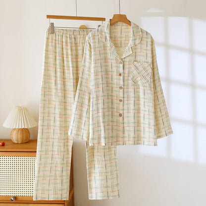 Colorful Stripe Check Cotton Matching Pajamas - Women: Beige - 2XL - image 8