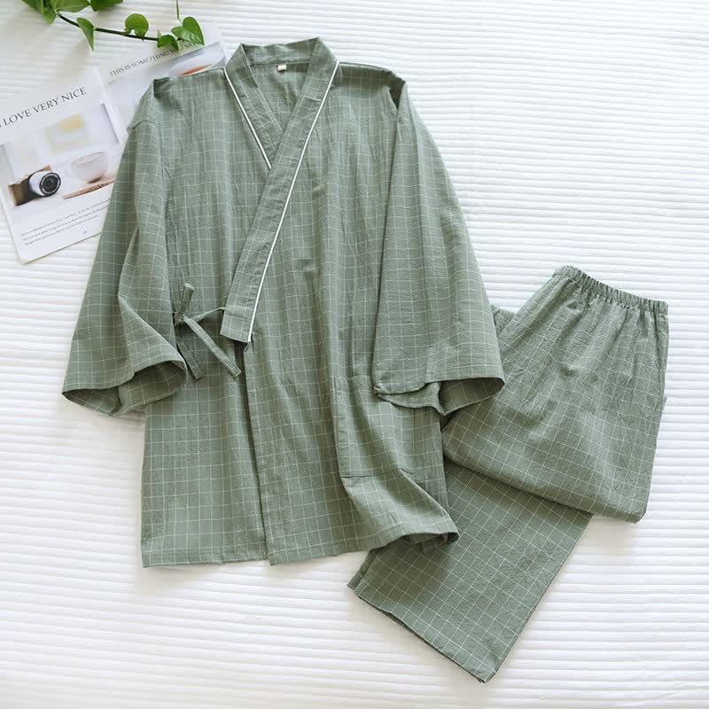 Couple Matching Gird Cotton Kimono Pajamas - Green - Female - XL - image 9