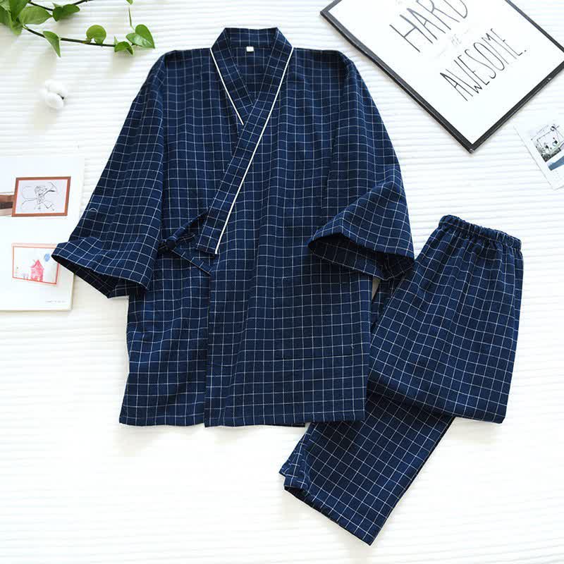 Couple Matching Gird Cotton Kimono Pajamas - image 2
