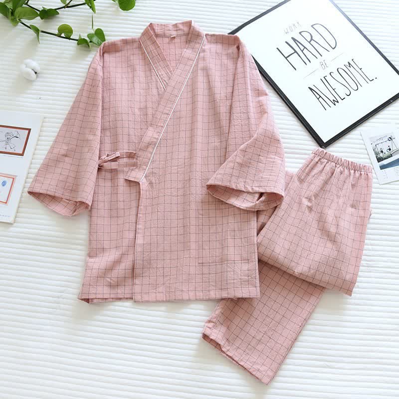 Couple Matching Gird Cotton Kimono Pajamas - Pink - Female - XL - image 11