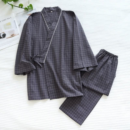 Couple Matching Gird Cotton Kimono Pajamas - Dark Gray - Male - XL - image 8