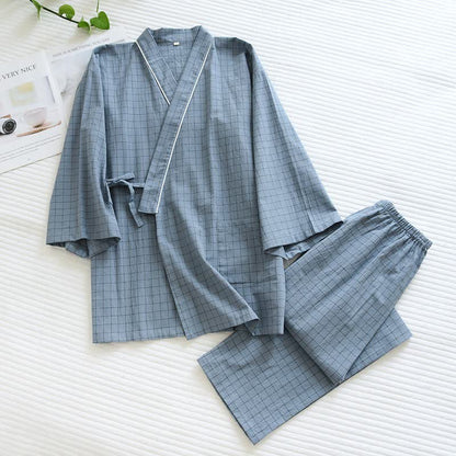 Couple Matching Gird Cotton Kimono Pajamas - Gray - Male - XL - image 3