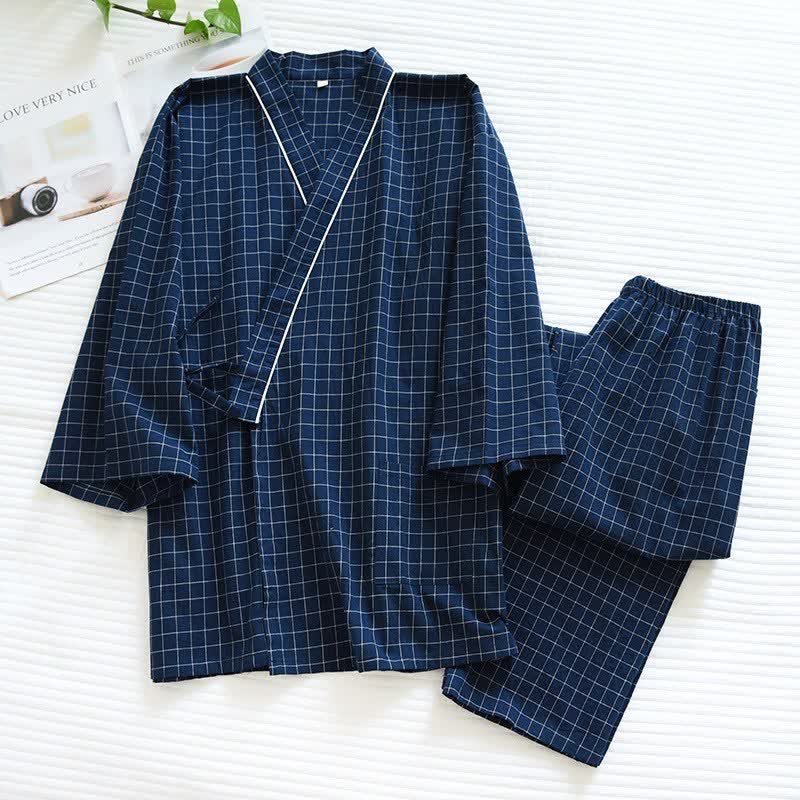 Couple Matching Gird Cotton Kimono Pajamas - Navy Blue - Female - XL - image 1