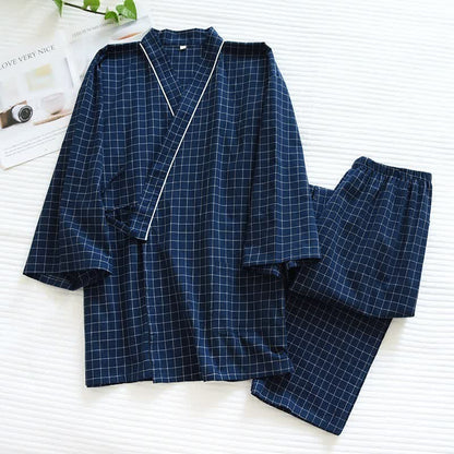 Couple Matching Gird Cotton Kimono Pajamas - Navy Blue - Female - XL - image 1