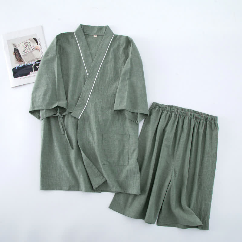 Unisex Solid Cotton Short Sleeve Pajamas - Green - XL - image 5