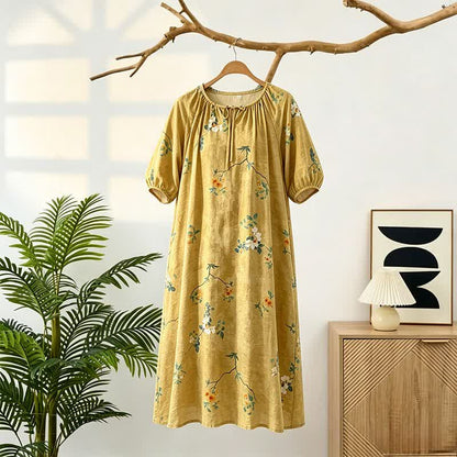 Vintage Floral & Branch Lounge Dress - Yellow - L - image 0