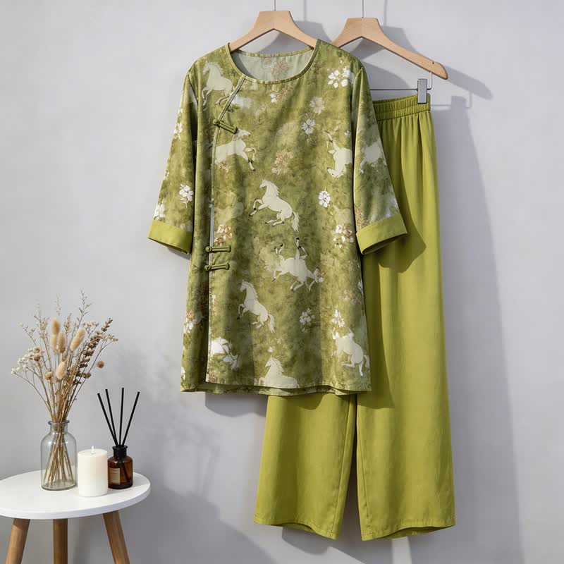 Horse Print Eastern-Inspired Loungewear Set - Green - M - image 0