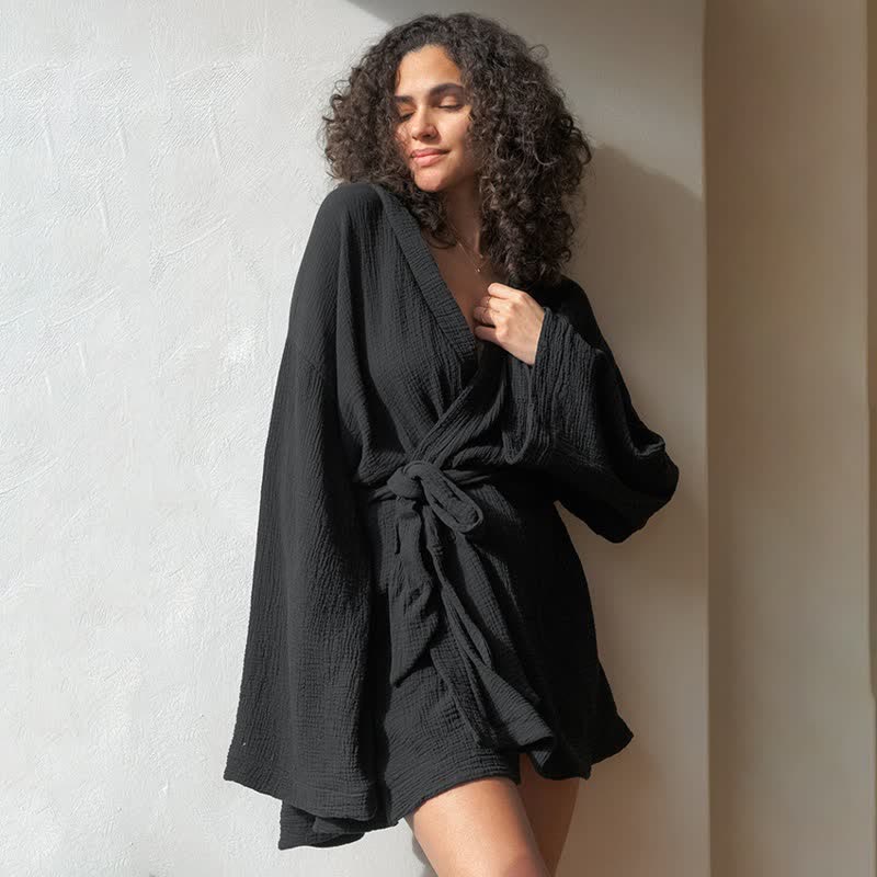 Black Cotto Kimono Short Robe - image 1