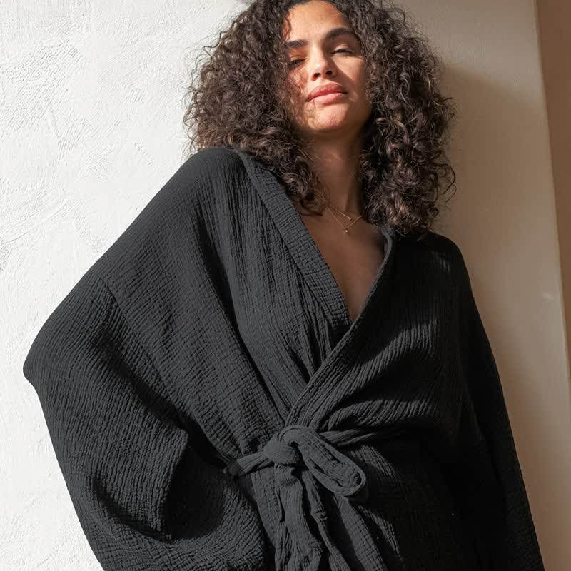 Black Cotto Kimono Short Robe - image 3