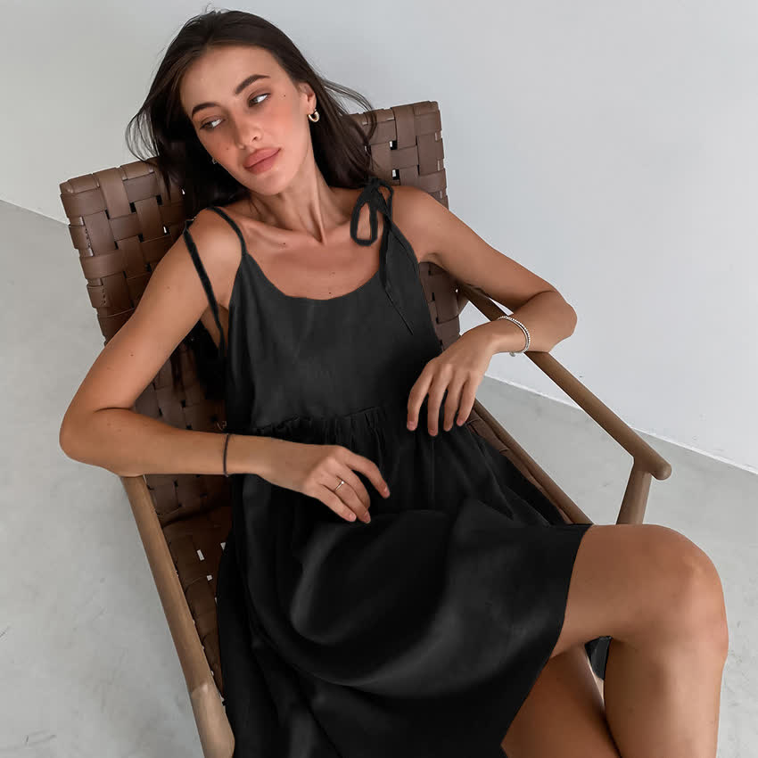 Casual Cotton Linen Tie Strap Nightdress - Black - XL - image 16