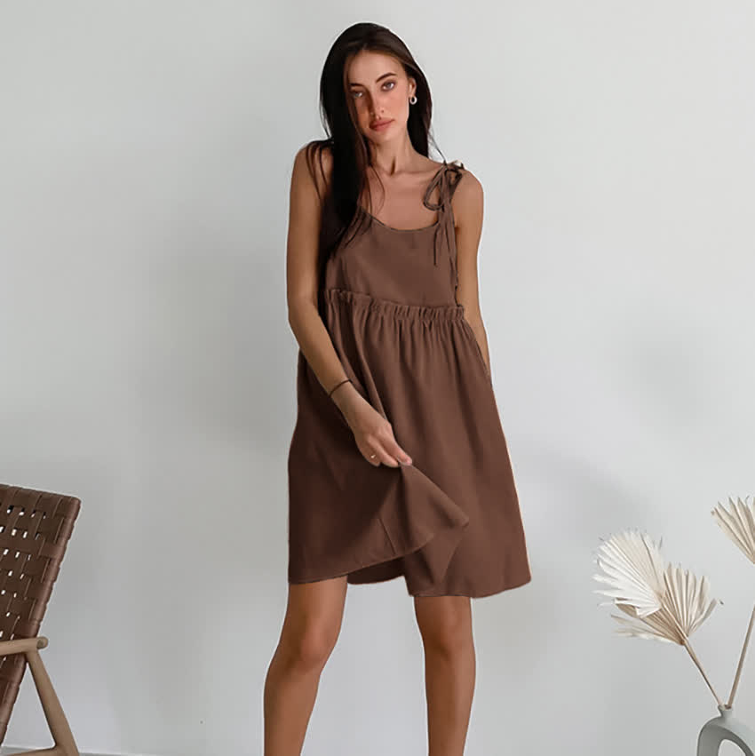Casual Cotton Linen Tie Strap Nightdress - Brown - XL - image 13