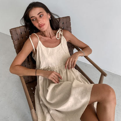 Casual Cotton Linen Tie Strap Nightdress - Beige - XL - image 0