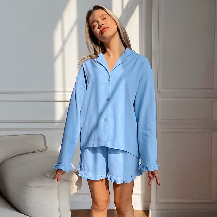 Solid Cotton Ruffle Trim Women's Pajamas - Blue - L - image 9