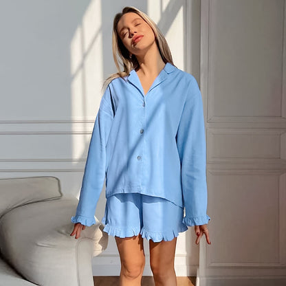 Solid Cotton Ruffle Trim Women's Pajamas - Blue - L - image 9