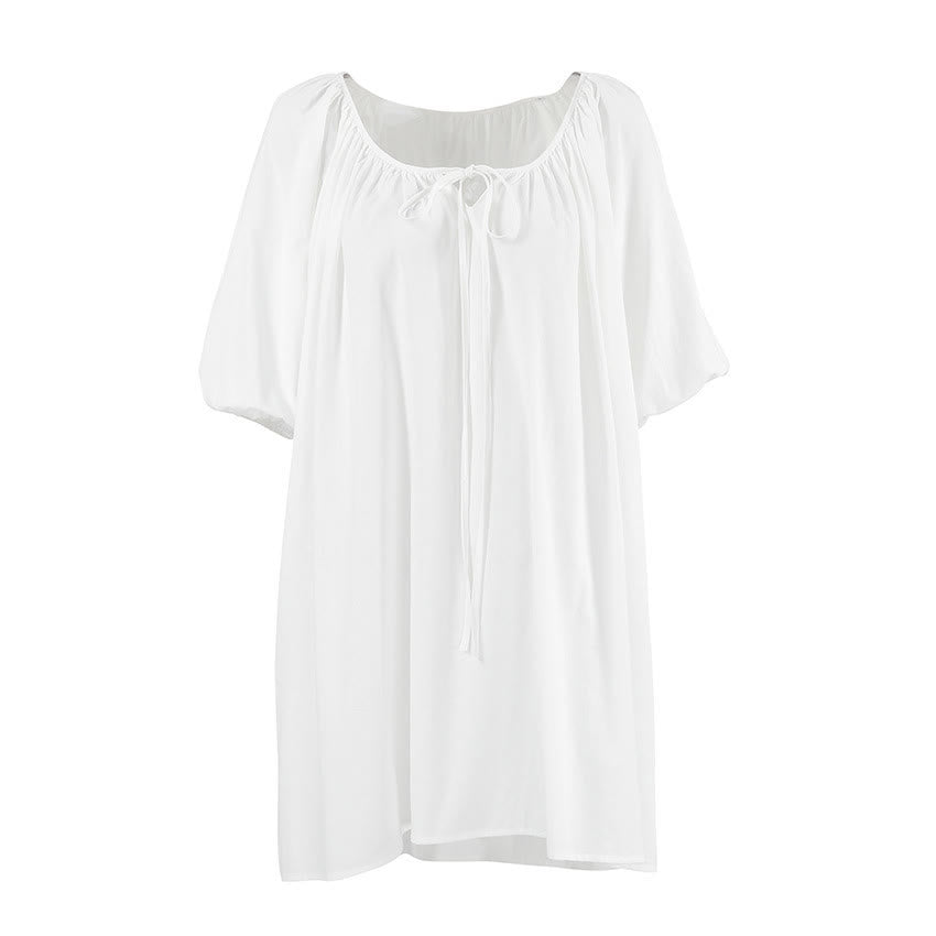 White Cotton Tie Neck Loungewear Dress - image 3