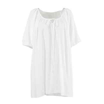 White Cotton Tie Neck Loungewear Dress - image 3