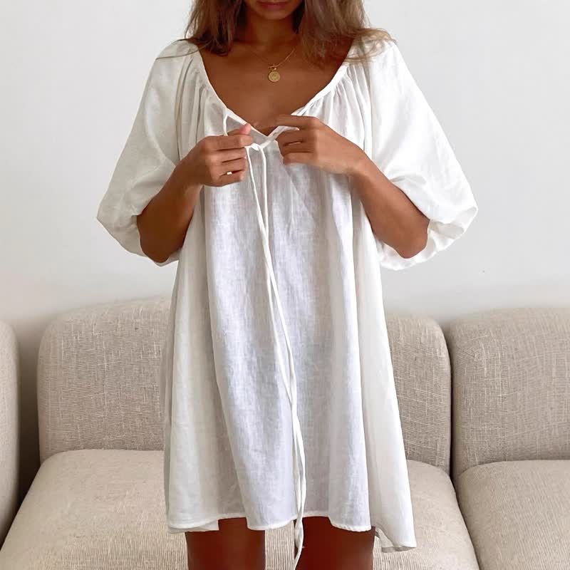 White Cotton Tie Neck Loungewear Dress - White - L - image 0